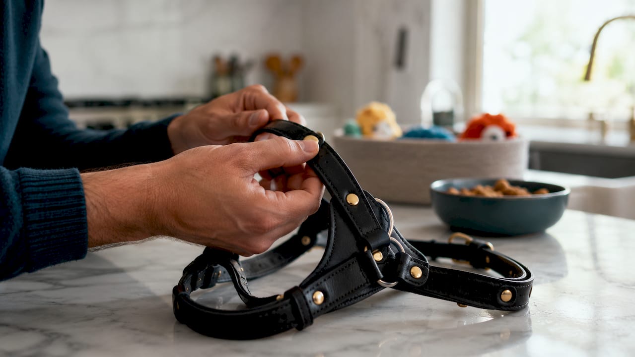 Une main examine attentivement un collier pour chien en cuir.