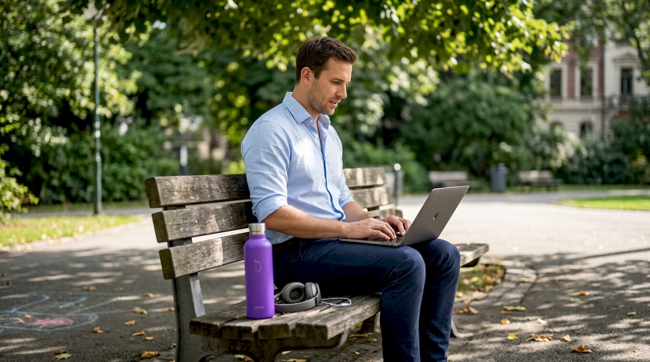 Man typing on laptop at city park bench