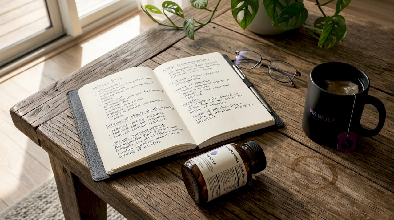 Notebook and ashwagandha supplement on table