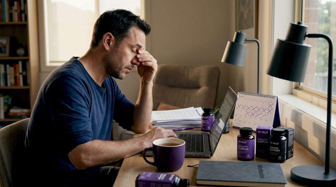 Man showing fatigue in cluttered home office