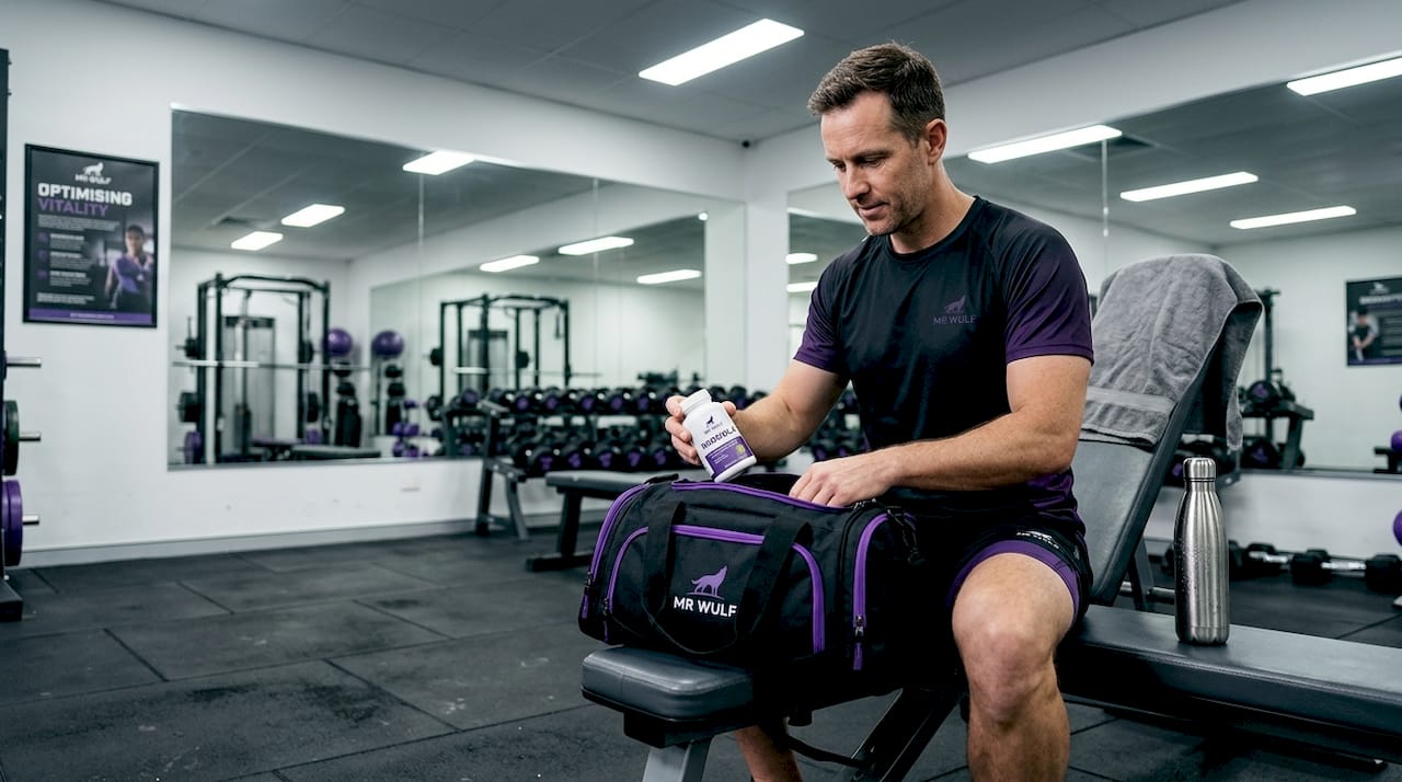 Man with Rhodiola supplement in gym setting