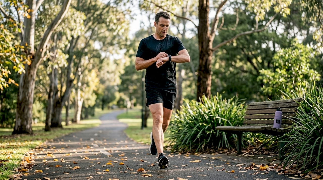 Man jogging in park checking fitness watch