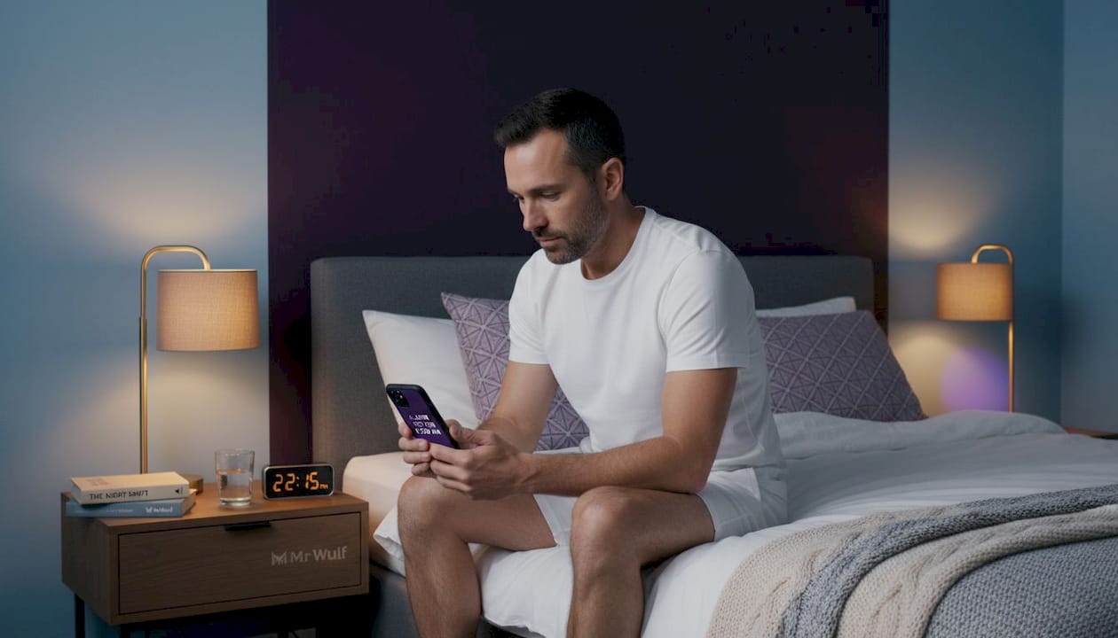 Man setting alarm for healthy sleep routine