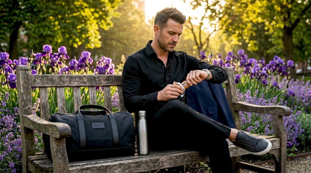 Man eating protein snack on park bench