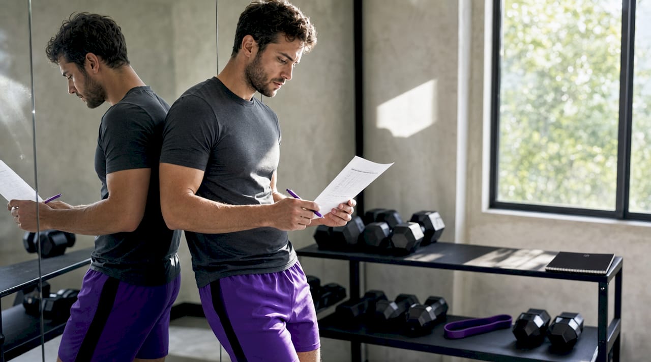 Man planning strength training routine at kitchen table