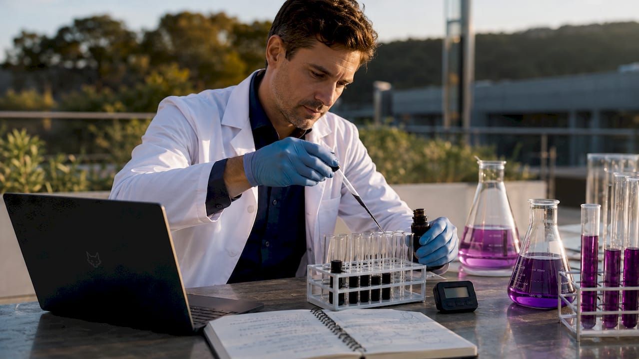 Scientist handling shilajit vial in laboratory