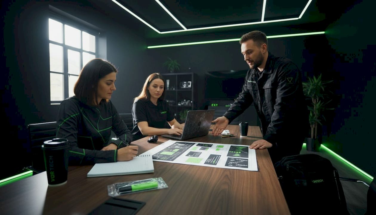 Team discussing workflow at meeting table