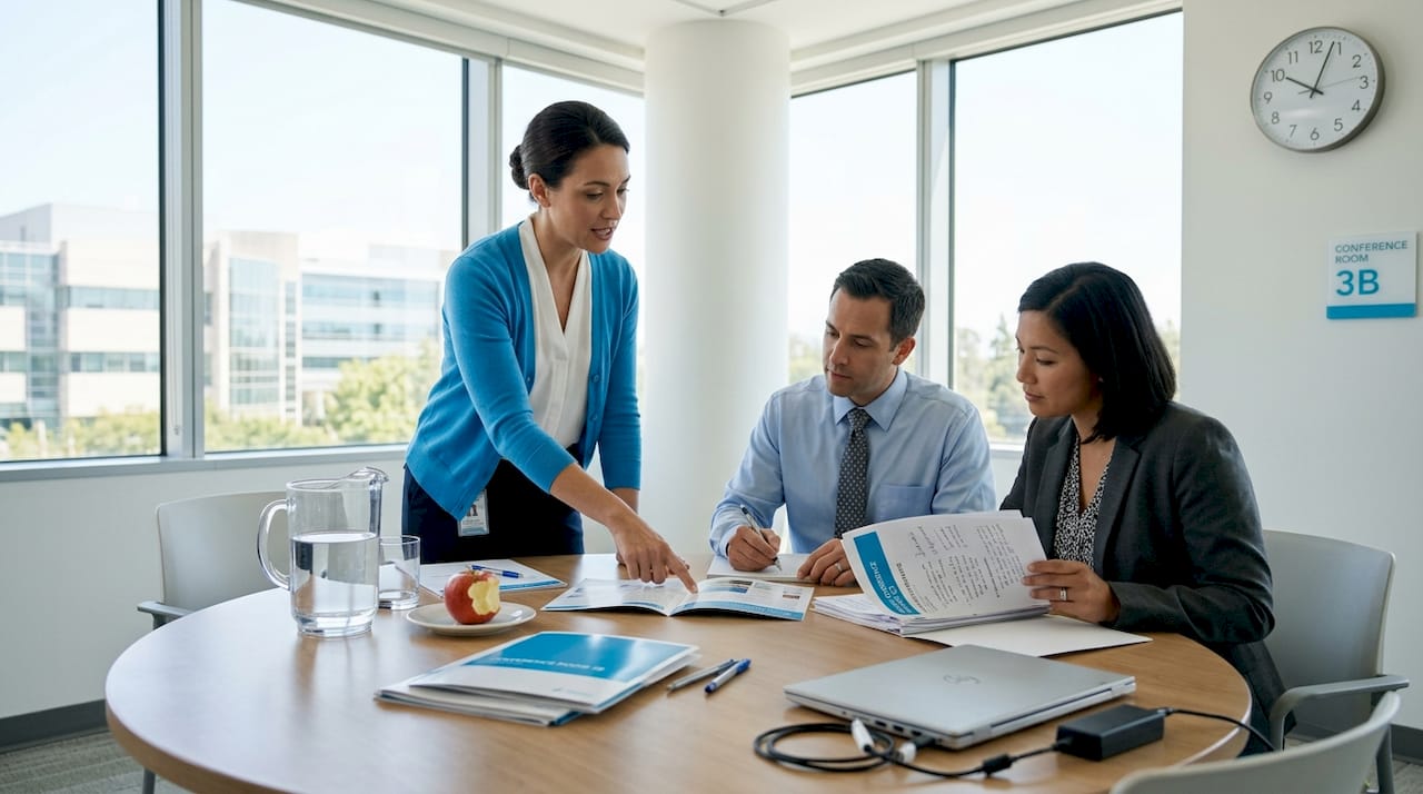 Healthcare team discusses branding materials together