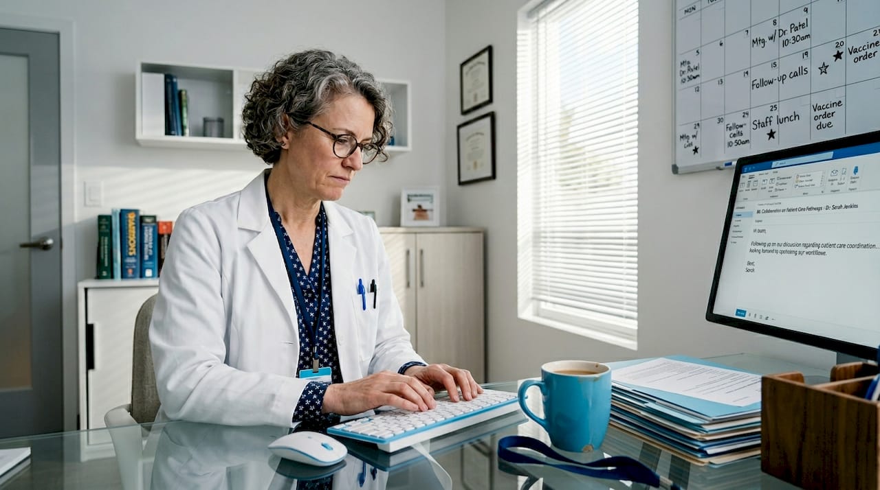 Doctor writing patient emails at her desk