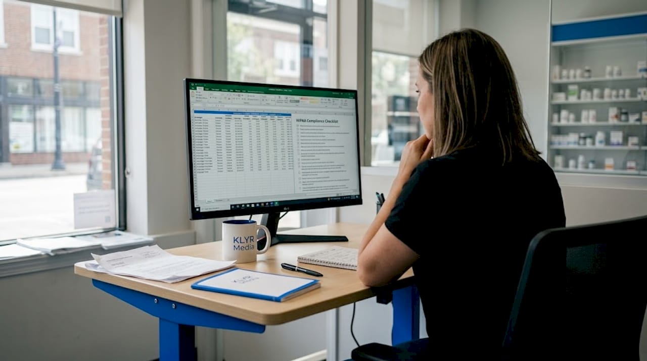 Healthcare marketer analyzing campaign in pharmacy office