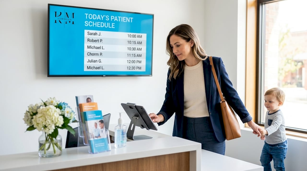 Patient using digital check-in at clinic front desk