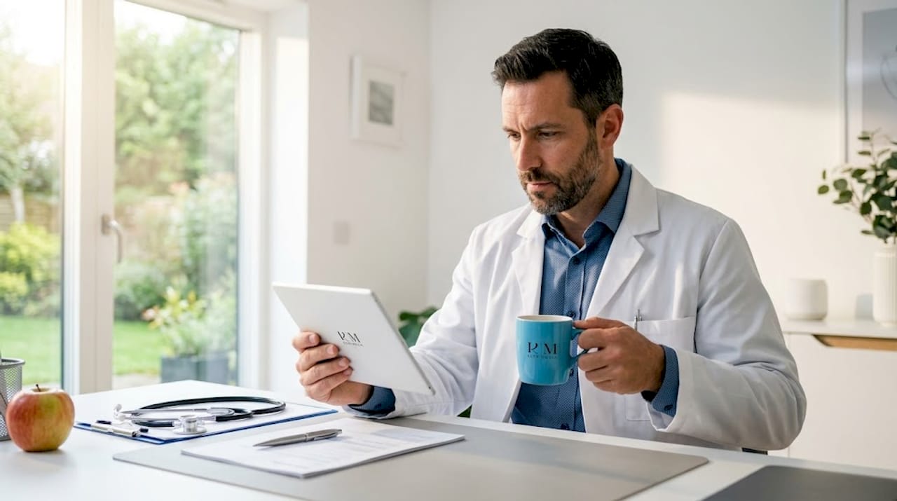 Doctor reviews PPC ad performance at desk