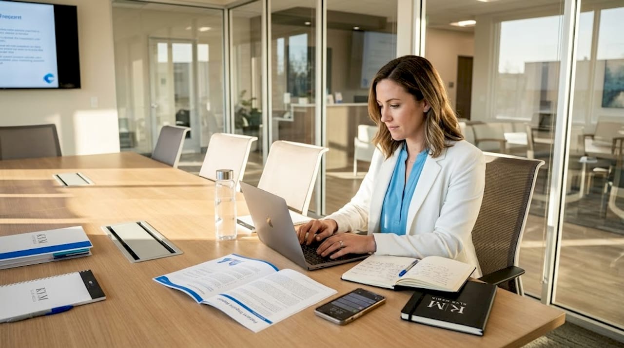 Healthcare marketer working in glass-walled office