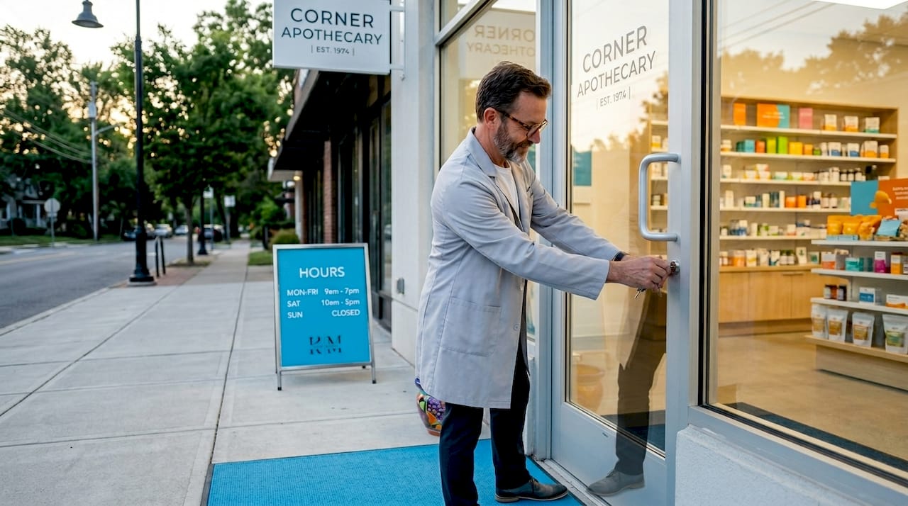 Pharmacy owner unlocking morning storefront