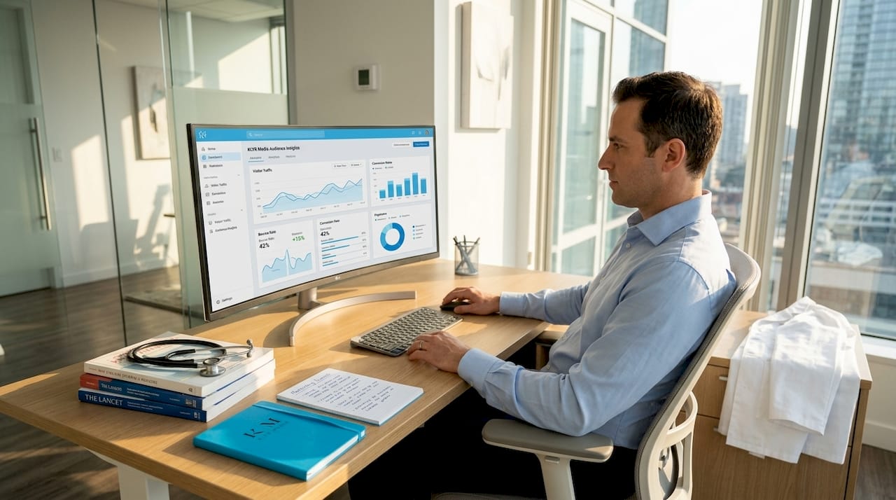 Doctor checking web analytics in medical office