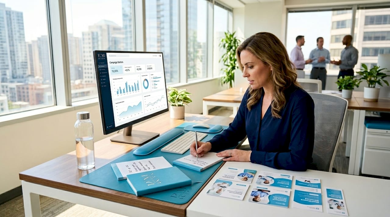 Healthcare marketer reviewing ad campaign stats