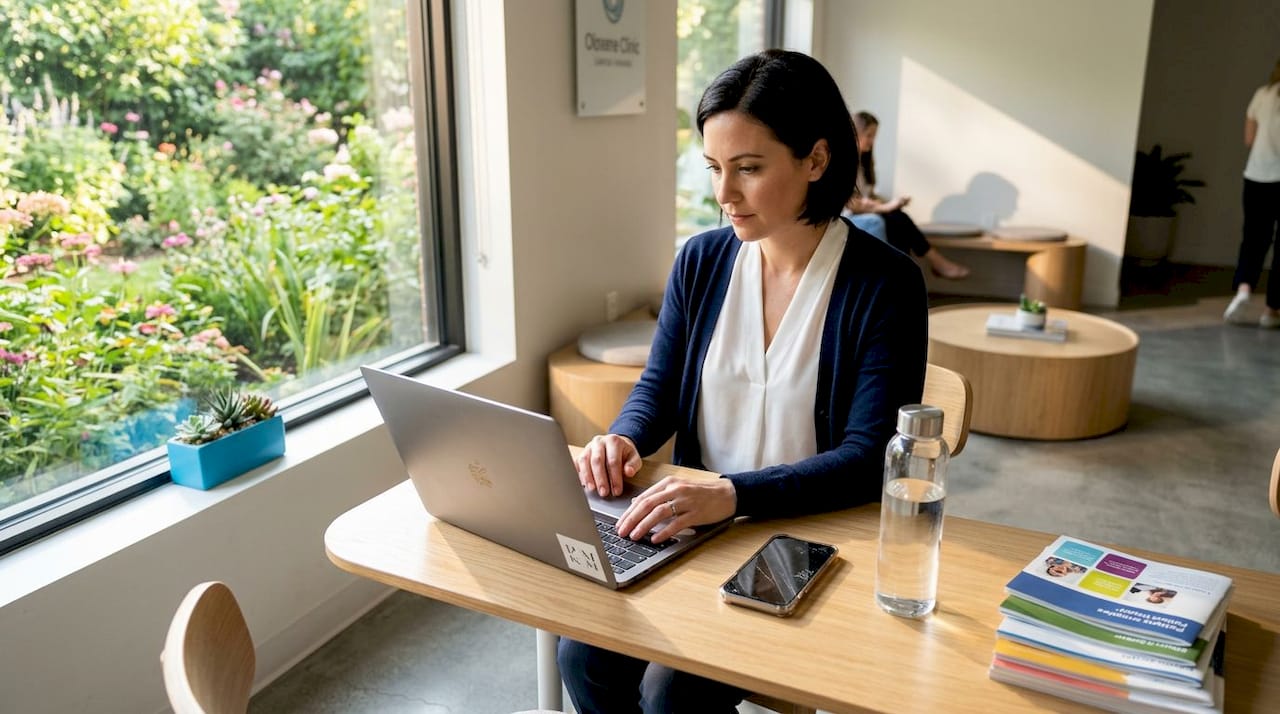 Clinic manager updating marketing profile in workspace