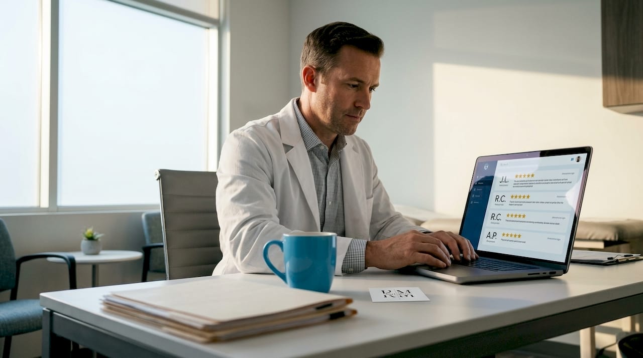 Doctor reading online patient reviews in office