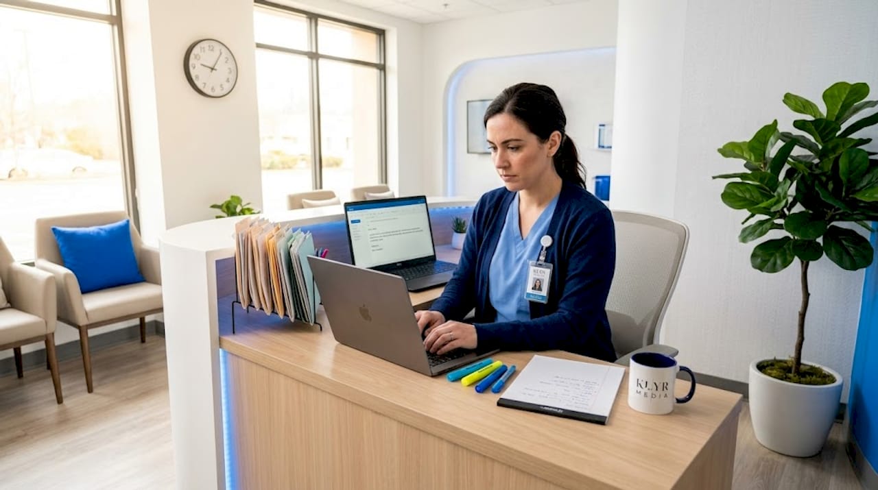 Clinic administrator emailing at reception desk