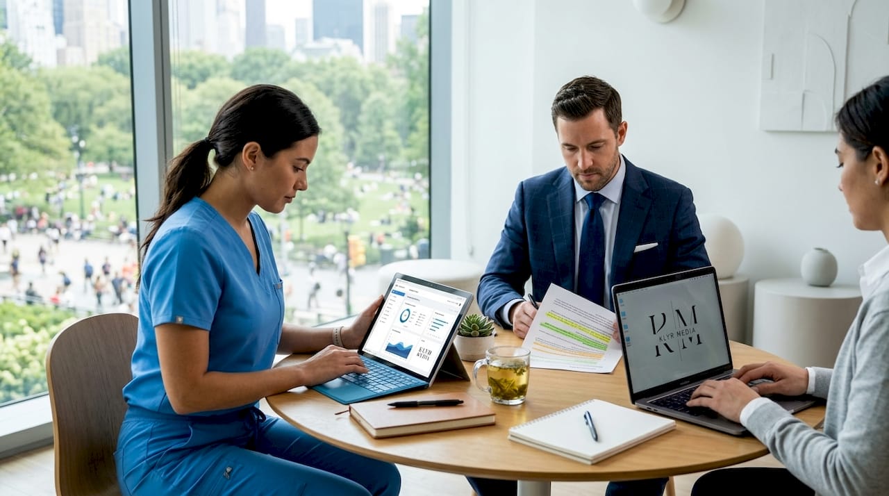 Healthcare team reviewing digital marketing strategy