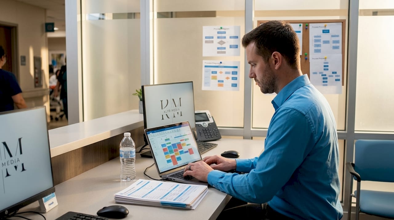Office manager updating patient scheduling system