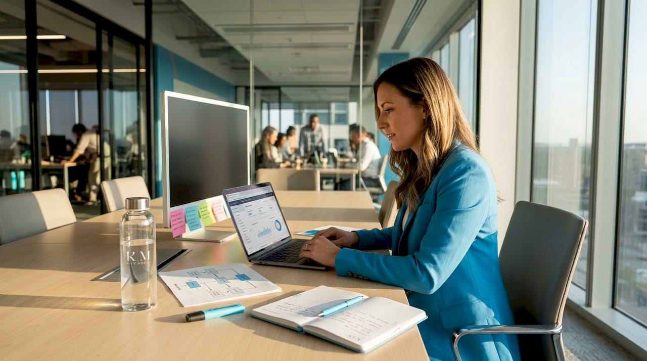 Healthcare marketing manager working on workflow in office