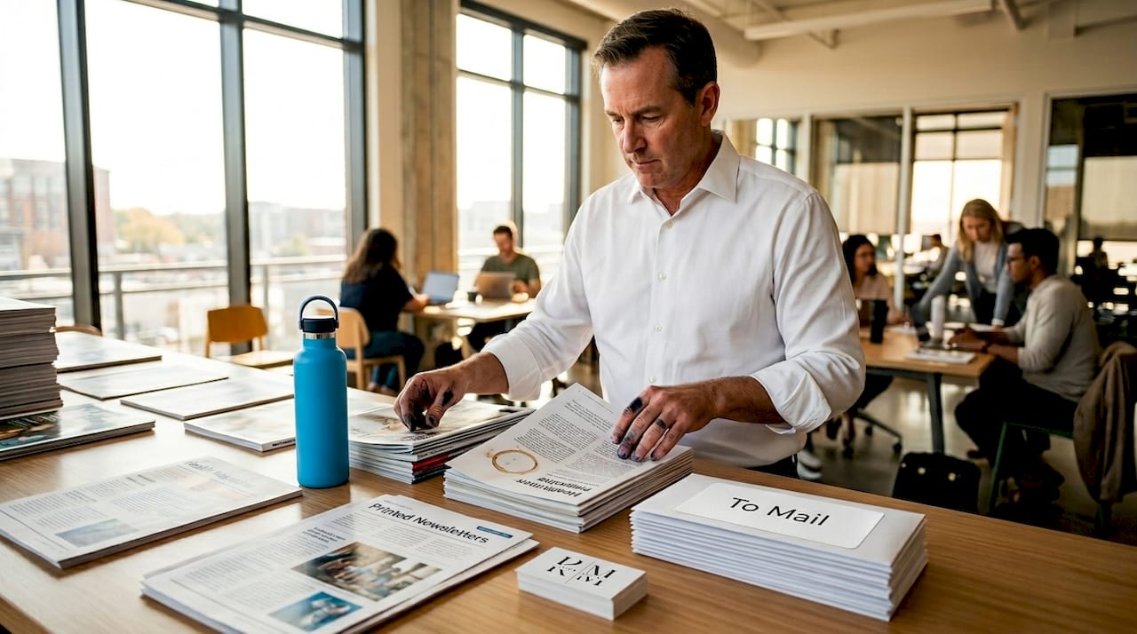 Executive prepares healthcare print ad mailings