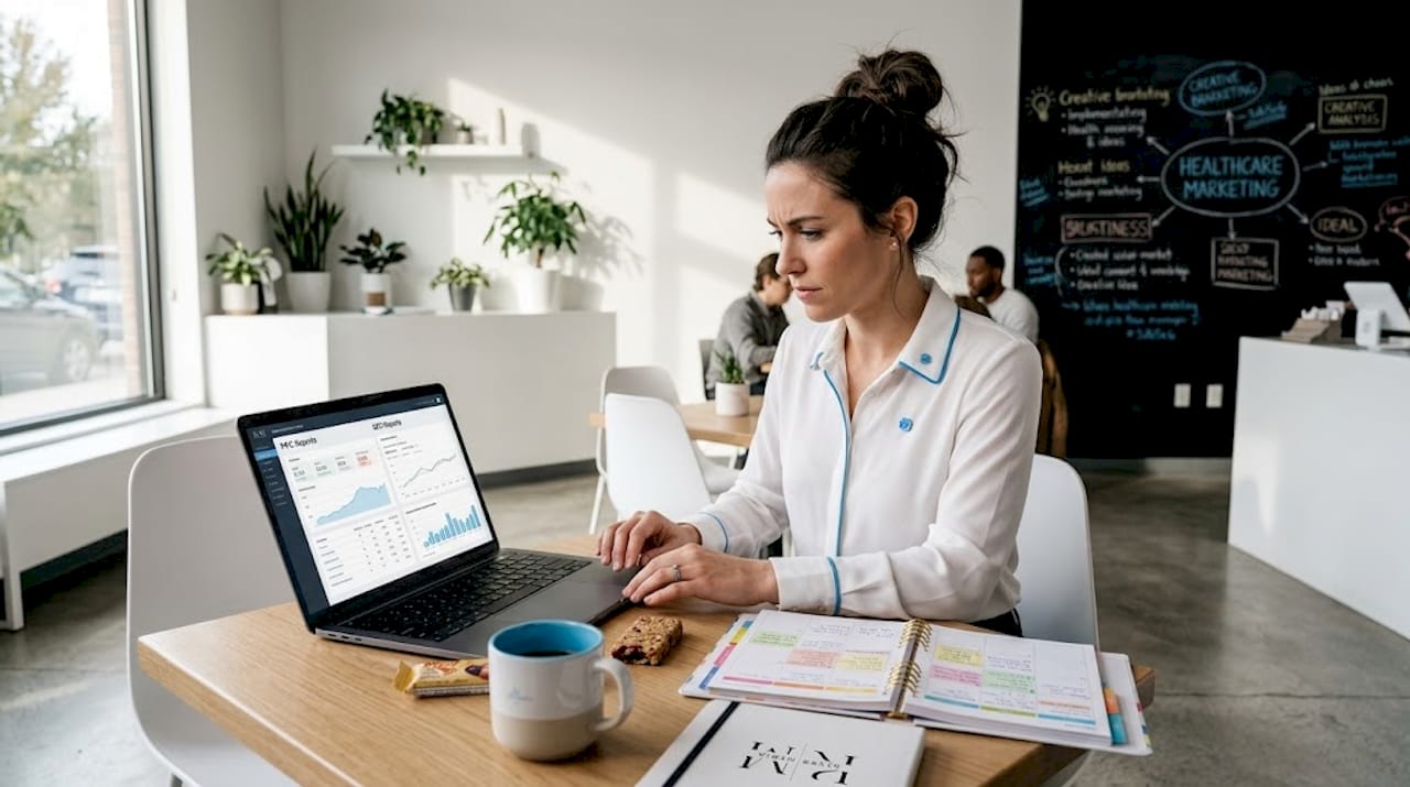 Marketing manager comparing PPC and SEO on laptop