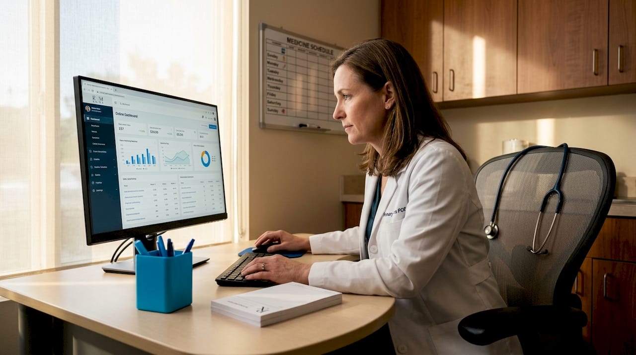 Healthcare provider managing digital advertising at clinic desk