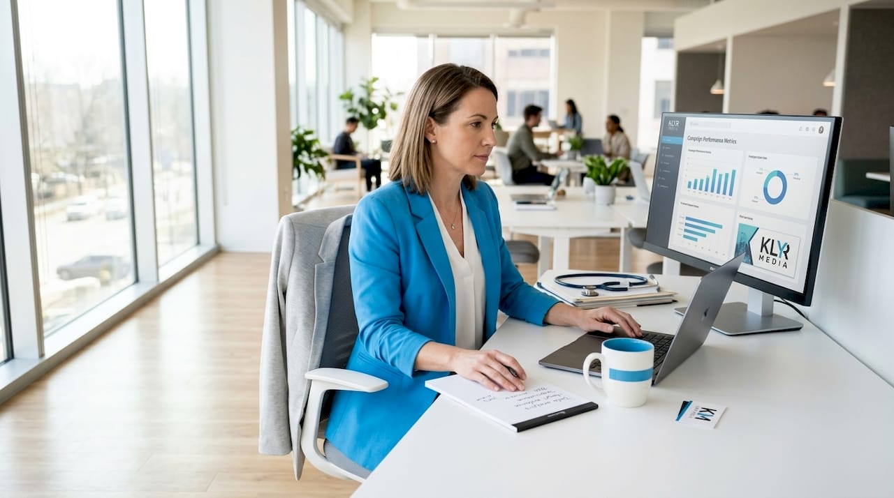 Healthcare marketing manager reviewing campaign data