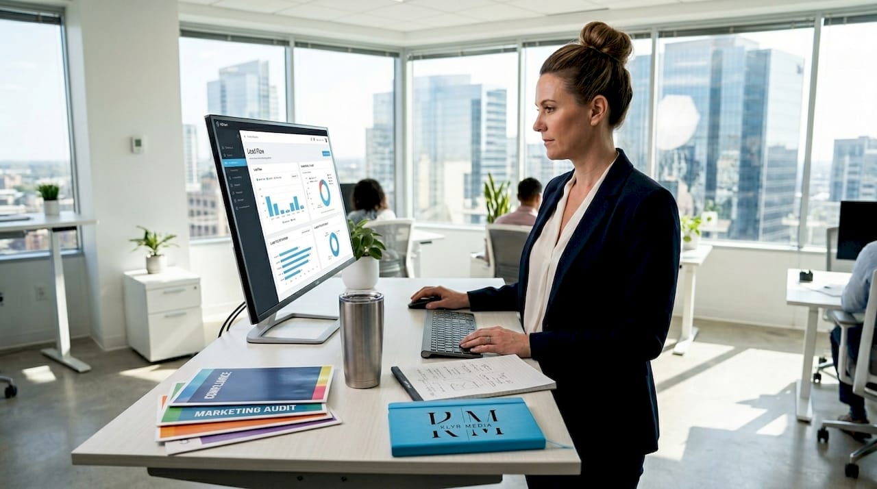 Manager reviewing healthcare lead dashboard in office