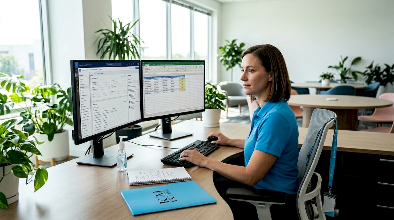IT specialist updating CRM system at desk