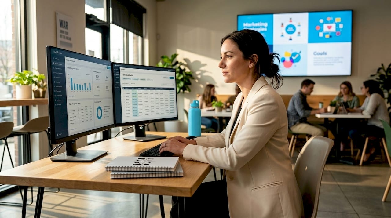 Healthcare marketing specialist reviewing digital campaigns
