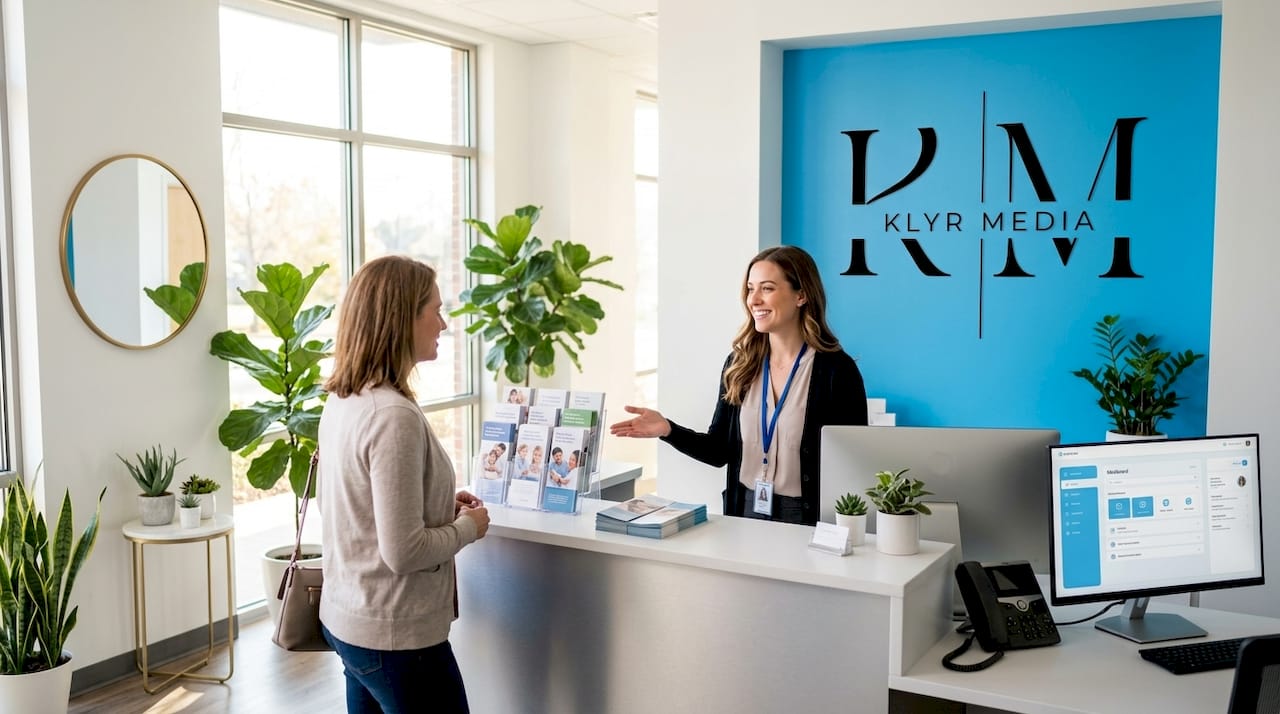 Front desk receptionist welcoming patient in clinic lobby