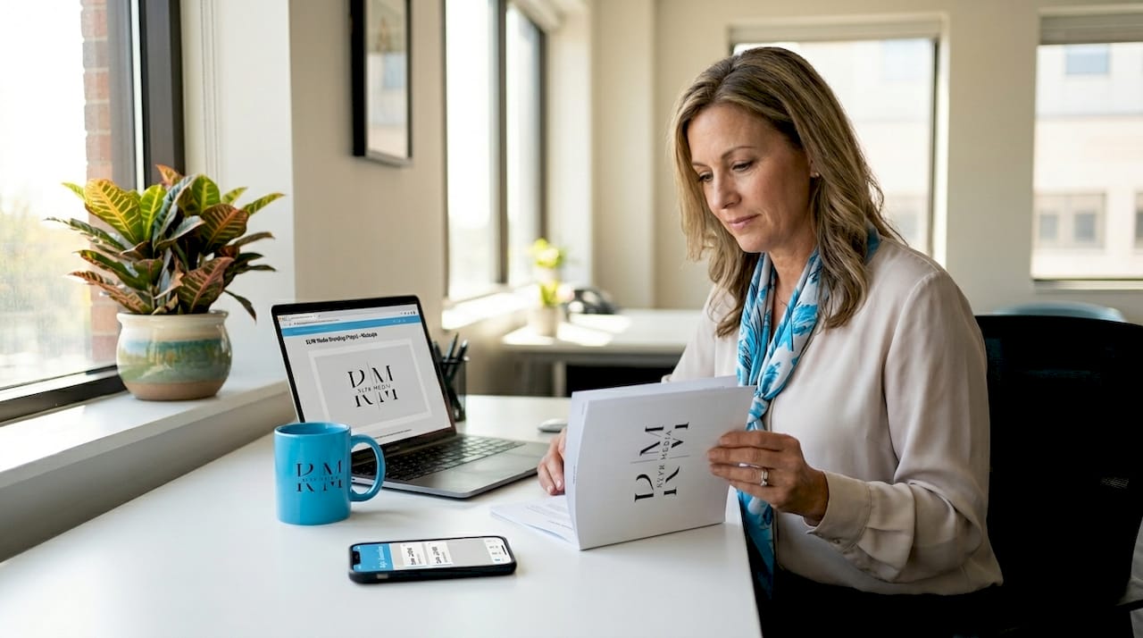 Manager reviewing medical branding materials at desk