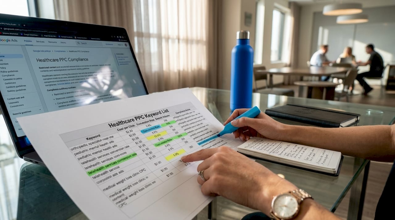 Hands auditing healthcare PPC keywords for compliance