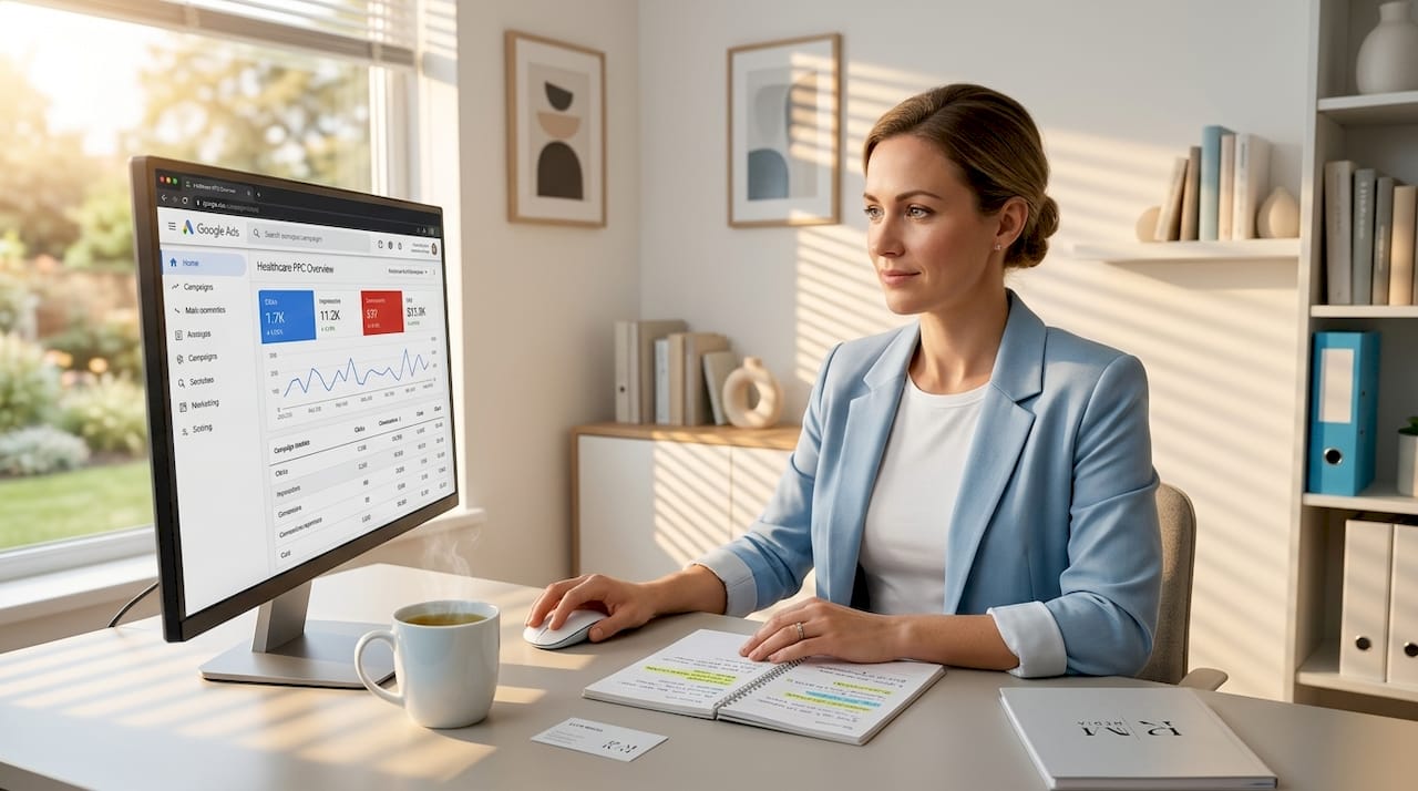 Healthcare marketing professional managing PPC campaign