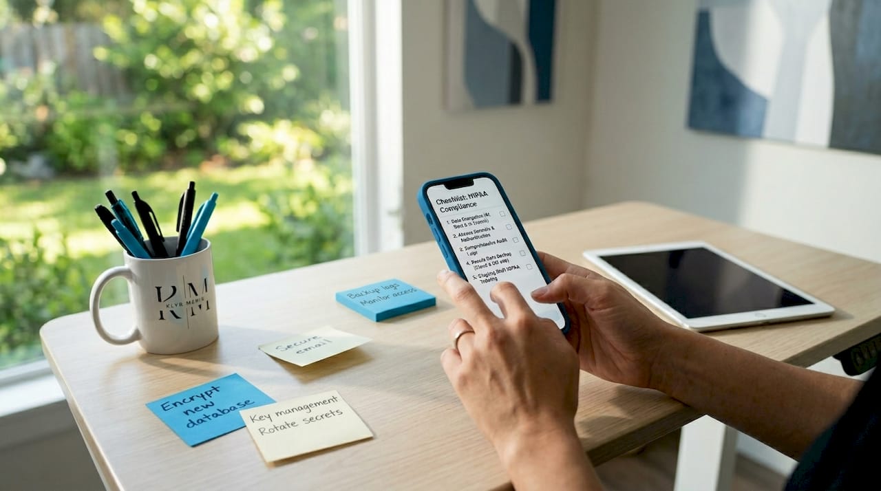Hands using smartphone with HIPAA checklist