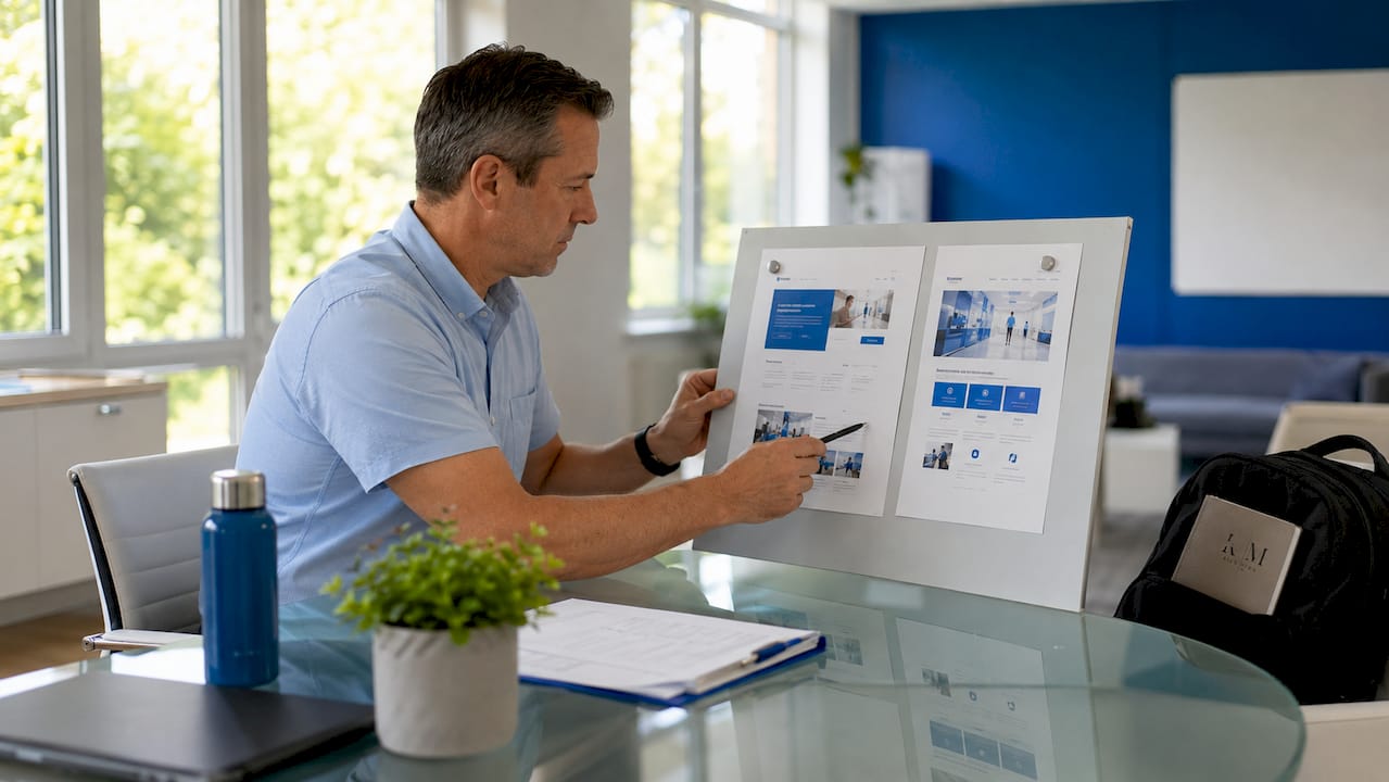 Clinic manager comparing homepage and landing page printouts