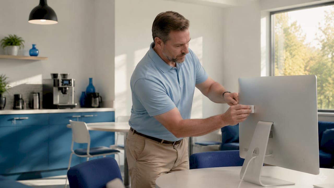 Hands installing tracking pixel in healthcare office