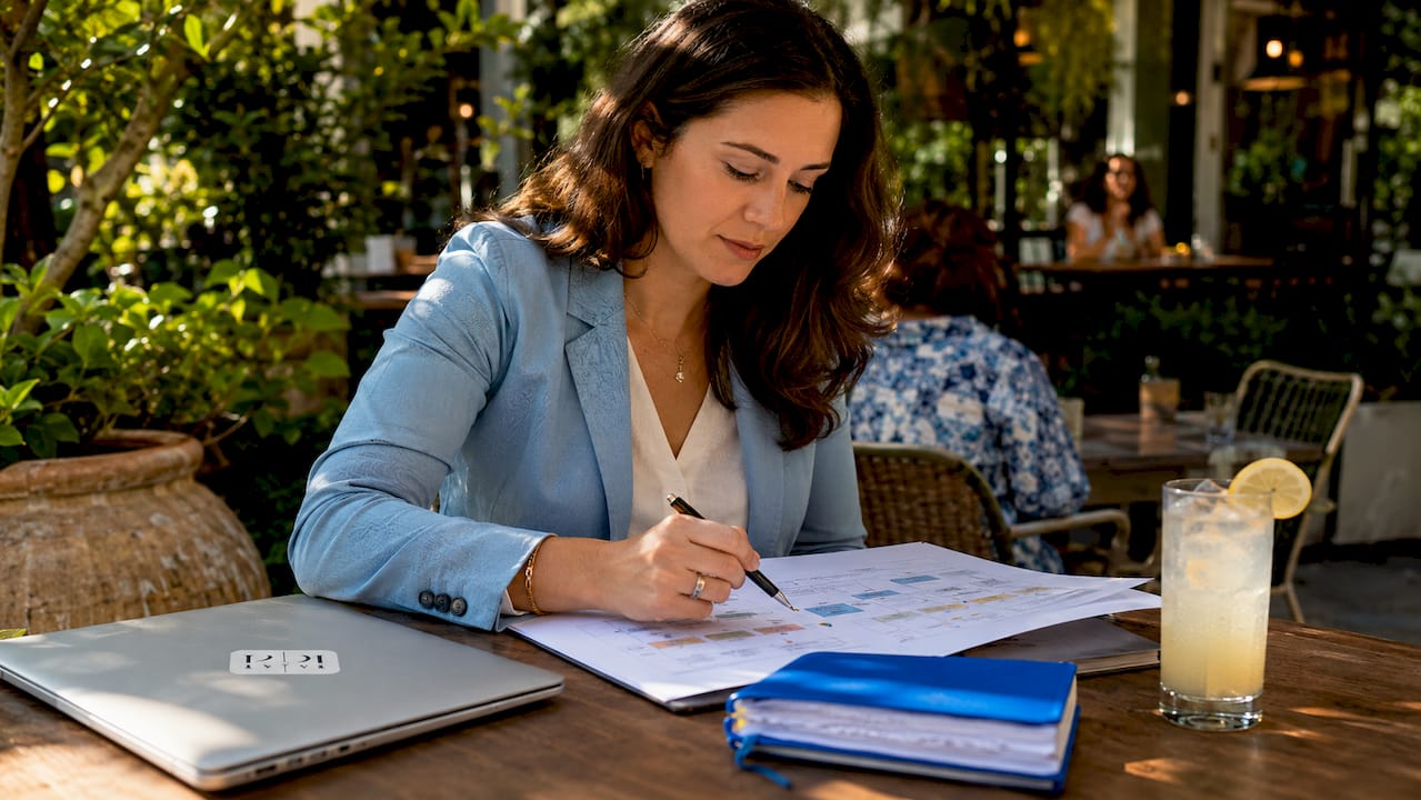 Marketing manager reviewing clinic lead workflow documents
