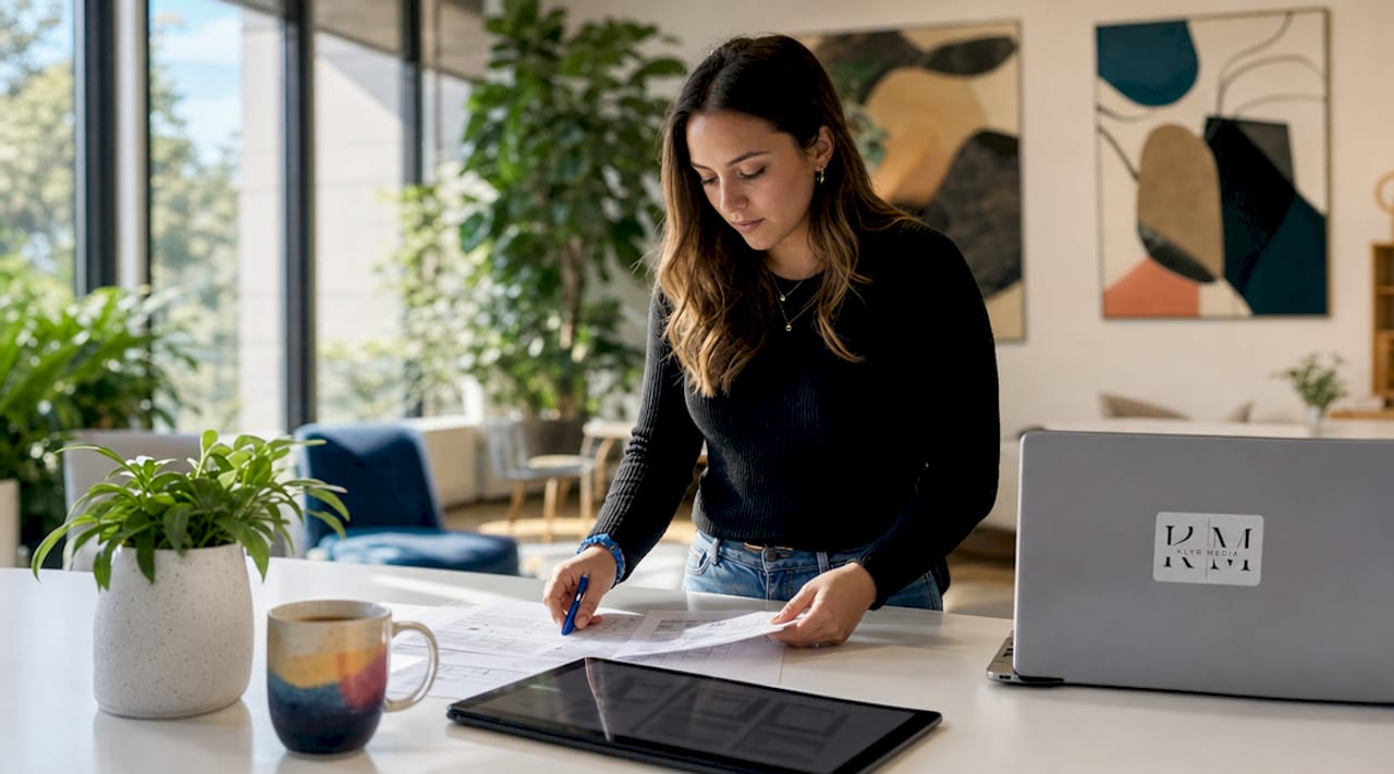 Web designer reviewing healthcare compliance documents