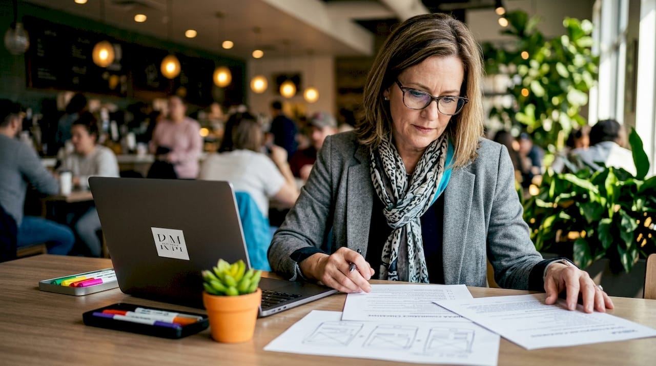 Healthcare web designer reviewing compliance documents