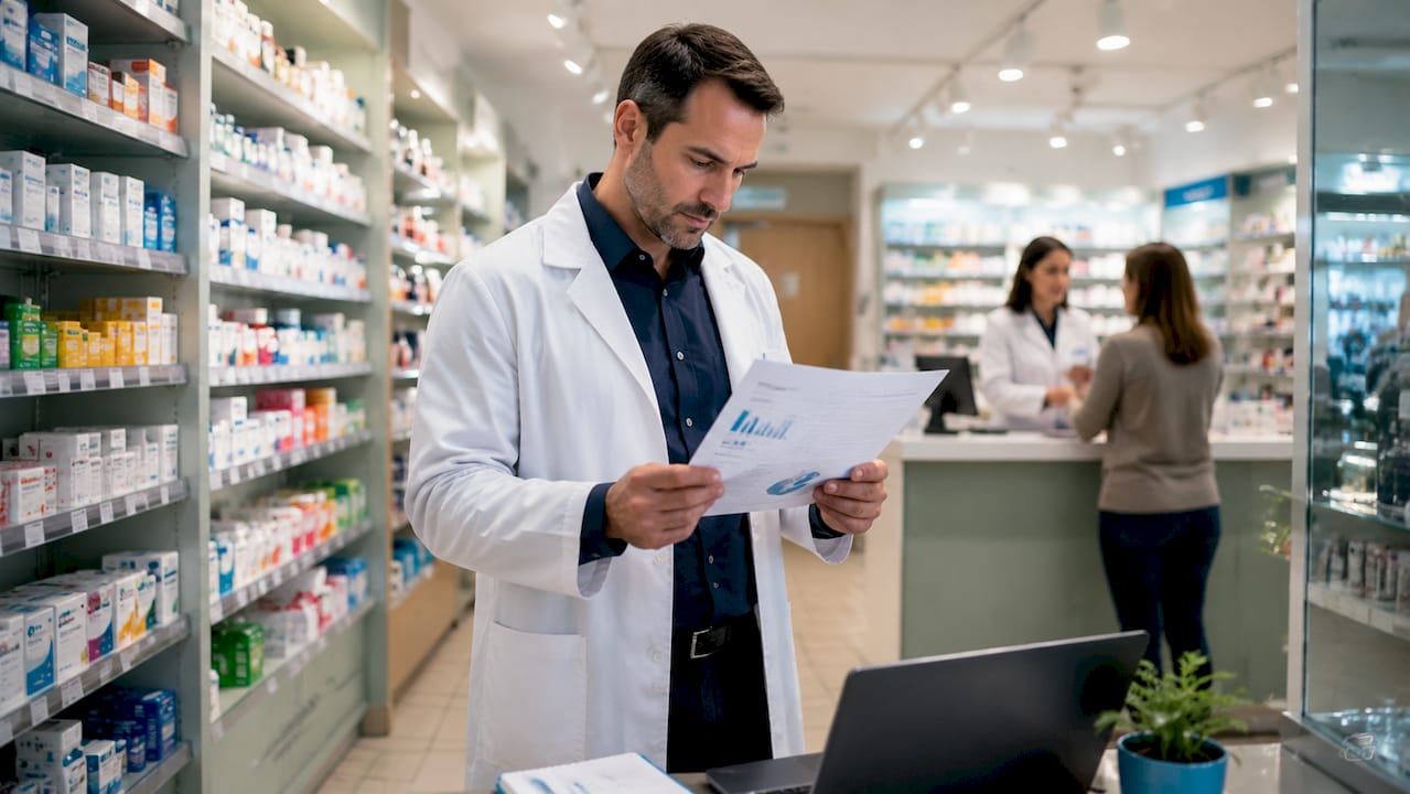 Pharmacy manager reviewing Google Business Profile analytics