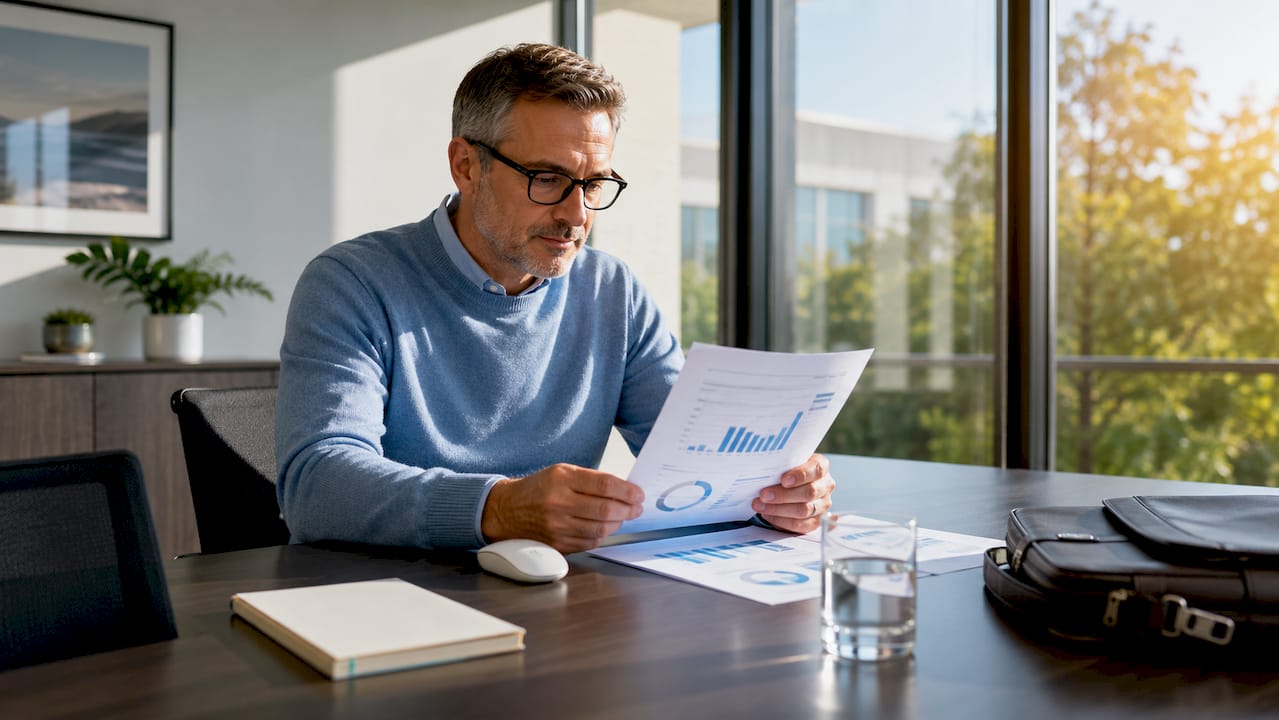 Healthcare administrator reviewing printed listing reports