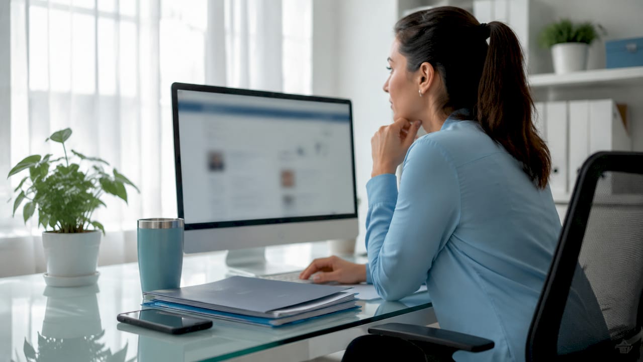 Healthcare manager reviewing local listings on computer