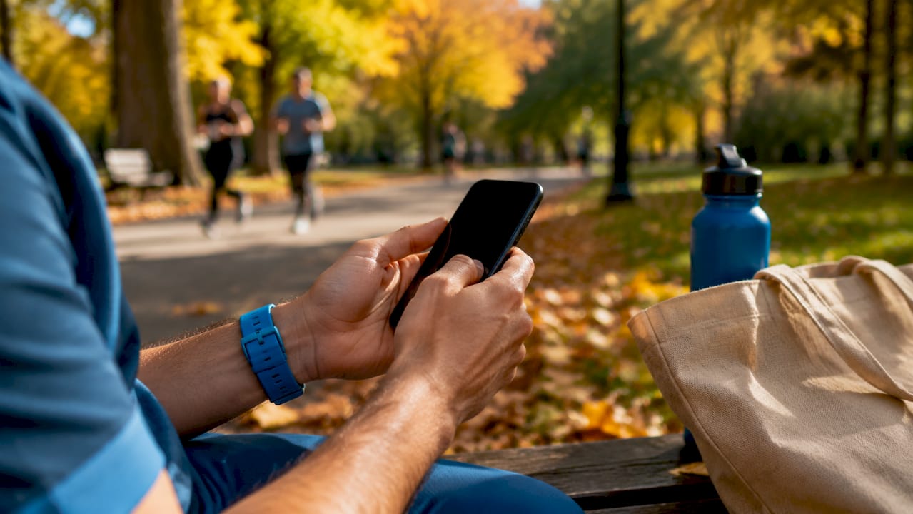 Pharmacist scrolling smartphone near hospital entrance