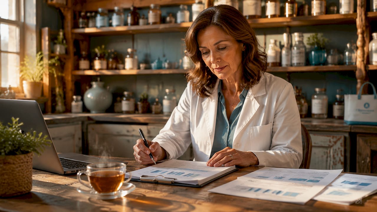 Pharmacy manager reviewing lead generation data