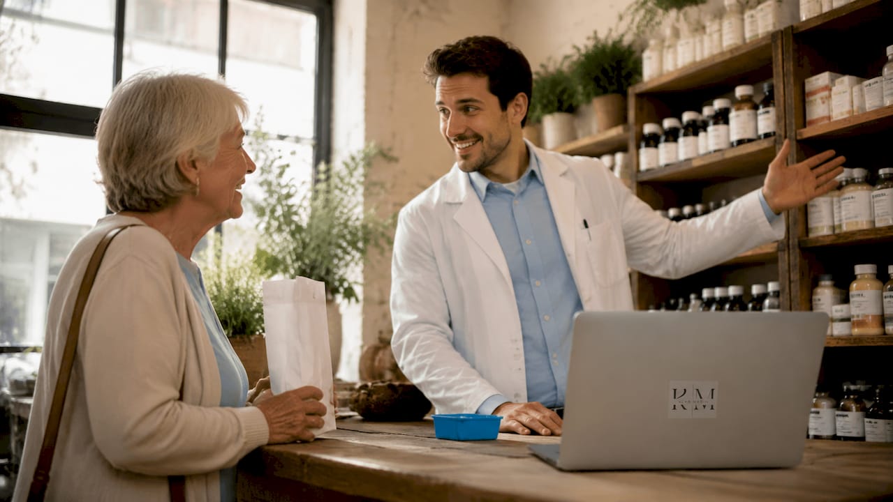 Pharmacist advising patient with promotional flyer