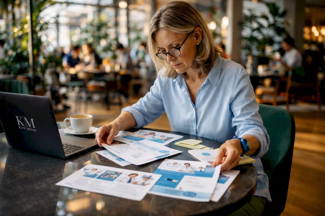 Pharmacy marketing manager reviewing campaign materials